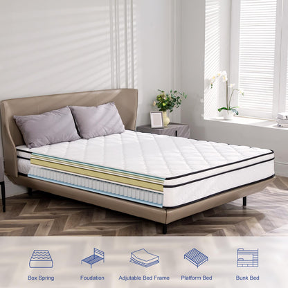 Queen Mattress, 10 inch Queen Size Mattress Hybrid in A Box, Bonnell Coil Queen Size Mattress Medium Soft Feel with High Density Foam for Pressure Relief