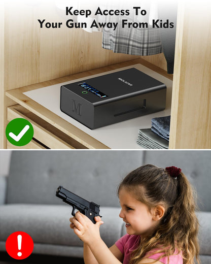 MOLICAR Gun Safe for Handgun, Alarm Clock Biometric Pistol Safe Fingerprint Handgun Safe with Touchscreen Keypad LCD of Temp, Humidity, 3 Ways Quick Access Slide Away Bedside Gun Safe for Nightstand