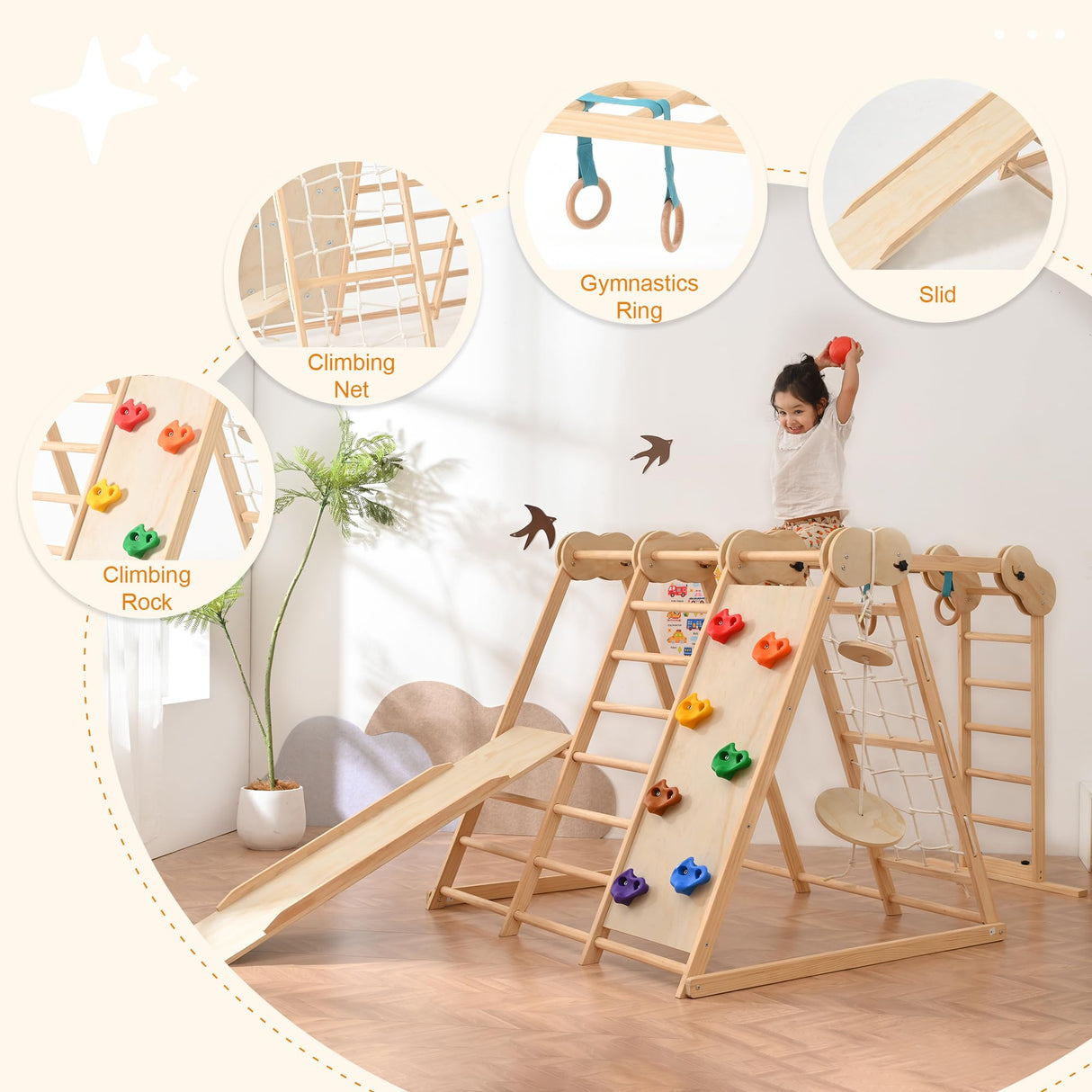 OLLIKIVI Indoor Playground Jungle Gym, Toddler Climbing Toys for Kids 1-6 Years, Indoor Toddler Gym Play Set with Slid, Climbing Wall, Ladder, Net, Bars, Swing, Ring OLLIKIVI