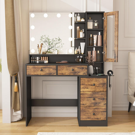 Fameill Vanity Desk with Mirror and Lights,Makeup Vanity Table with Power Strip and 3 Color Lighting,Large Makeup Desk with 5 Drawers,Nightstand and Storage Shelves,Rustic Brown & Black Fameill