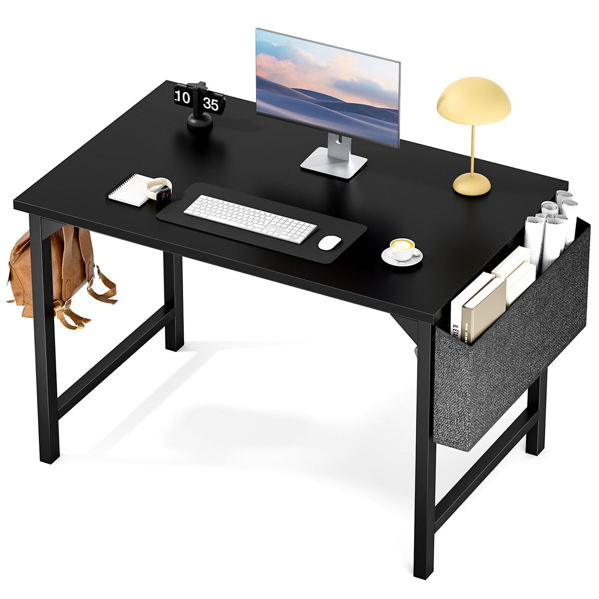 Sweetcrispy Small Computer Office Desk 40 Inch Kids Student Study Writing Work with Storage Bag & Headphone Hooks Modern Simple Home Bedroom PC Table - Black Sweetcrispy