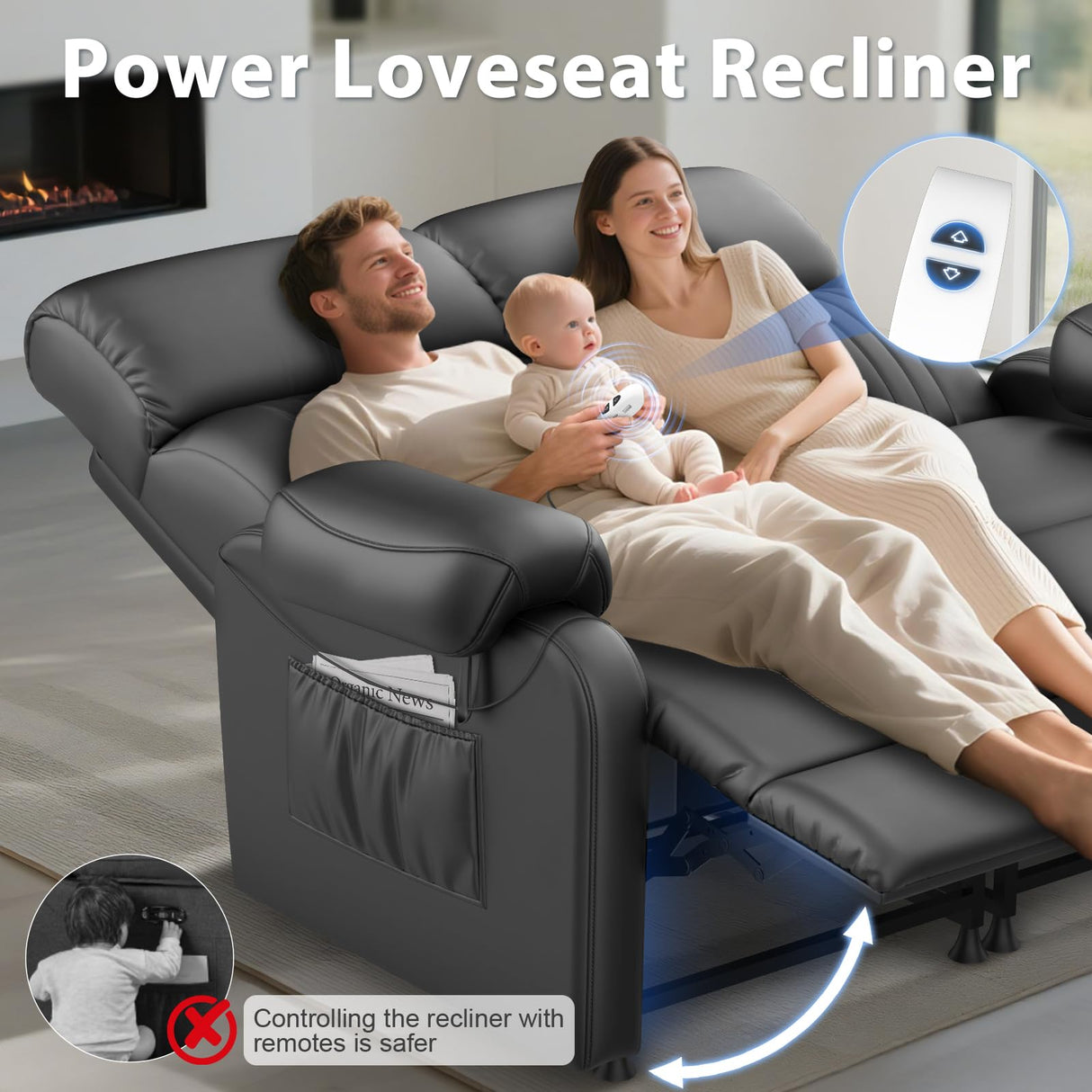 Duitrc Power Loveseat Recliner Sofa, Black PU Leather Zero Gravity Double Reclining RV Couch with USB & Type C Ports, Pillows, Side Pockets, 2 Seater for Living Room Duitrc