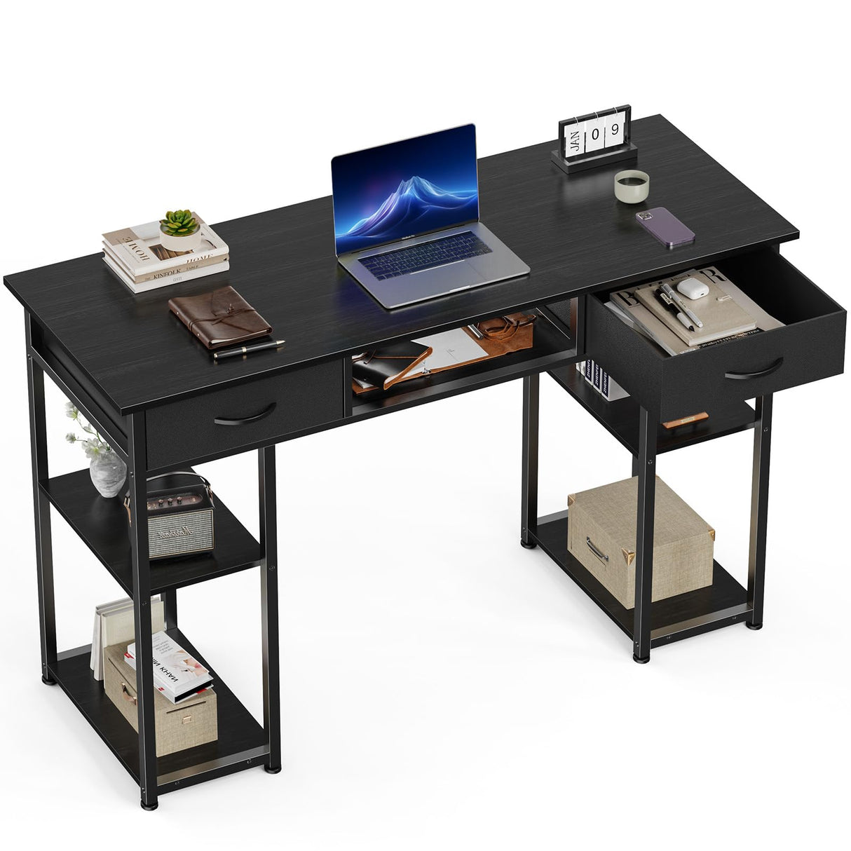 OLIXIS Computer Desk with Drawers Study Writing Table with Storage Bag Headphone Hook Adjustable Feet for Home Office Small Spaces,48IN Black OLIXIS