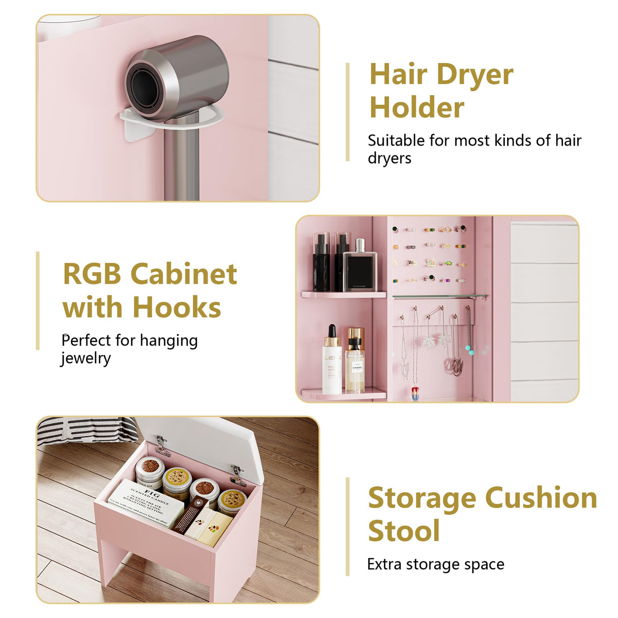 Vanity Desk with Mirror and Lights, Makeup Vanity Table Set with 5 Storage Drawers, Power Outlet & Chair, Small Dressing Table with RGB Ambient Light, Adjustable Brightness for Girls Bedroom, Pink Xixini