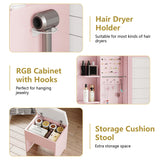 Vanity Desk with Mirror and Lights, Makeup Vanity Table Set with 5 Storage Drawers, Power Outlet & Chair, Small Dressing Table with RGB Ambient Light, Adjustable Brightness for Girls Bedroom, Pink Xixini