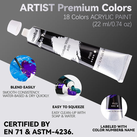 koseibal Acrylic Paint Set for Adults & Kids - 37PCS Painting Supplies Kit with 18 Colors Acrylic Paint, 8 Paint Brushes,6 Canvas Panels, Wooden Easel,Palette, Painting Pad, Cleaning Cup, Cloth koseibal