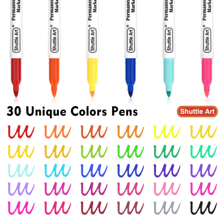 Shuttle Art 30 Colors Permanent Markers, Fine Point, Assorted Colors, Works on Plastic,Wood,Stone,Metal and Glass for Kids Adult Coloring Doodling Marking Shuttle Art