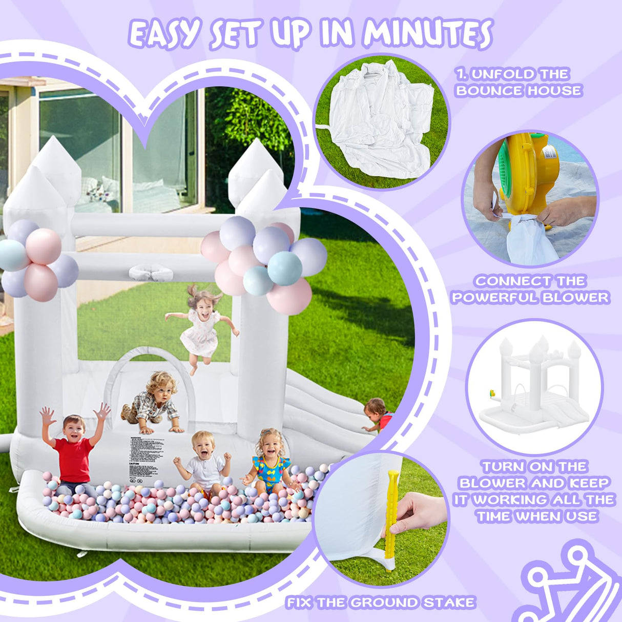 FINCOME White Bounce House, Inflatable Bounce Castle with Double Slide Ball Pit 370W Blower Bouncer for Toddler, Bounce House Bouncy Castle for Indoor Outdoor Backyard Wedding Kids Birthday Party FINCOME