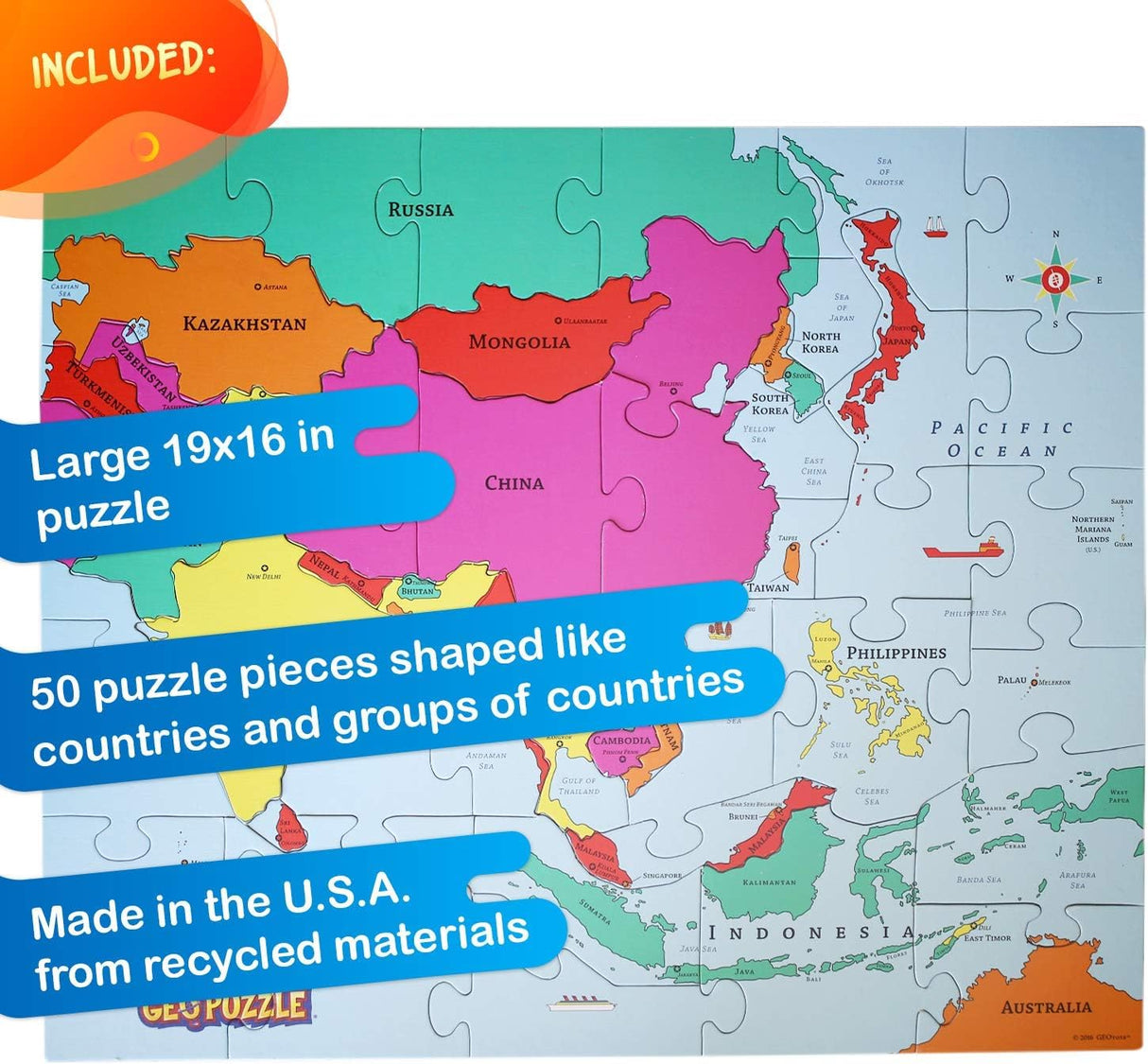 GeoToys GeoPuzzle, Asia Shaped Jigsaw Puzzles, 50 Pc Geography Puzzle, Geography Game & Map Puzzle, Jigsaw Puzzles for Kids Ages 6-9 Years Old Geotoys