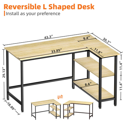 WOODYNLUX L Shaped Desk - 43 Inch Gaming Desk, Computer Corner Desk, Home Office Writing Desk with Shelf, Space-Saving Workstation Table, Modern Simple Wooden Desk, Beech - WoodArtSupply