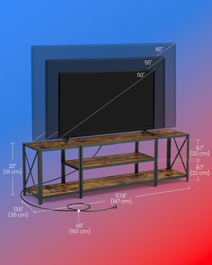 VASAGLE TV Stand with Power Outlets and LED Lights, for TVs up to 60 Inches, Entertainment Center with Open Storage Shelves, TV Console Table for Living Room, Rustic Brown and Ink Black ULTV121K01