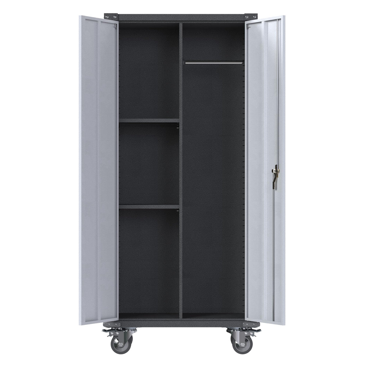 JAORD Metal Garage Storage Cabinet with Hanging Rod, Broom Closet Storage Cabinet, 71" Tall Rolling Tool Storage Cabinet with Locking Doors and Shelves JAORD