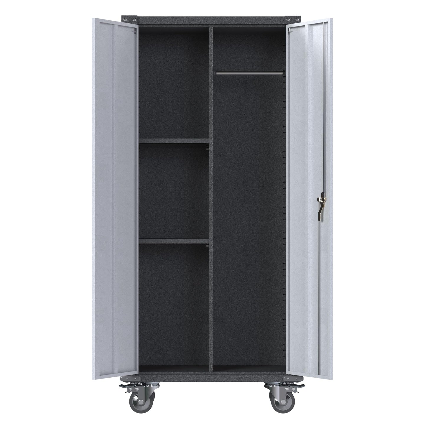 JAORD Metal Garage Storage Cabinet with Hanging Rod, Broom Closet Storage Cabinet, 71" Tall Rolling Tool Storage Cabinet with Locking Doors and Shelves