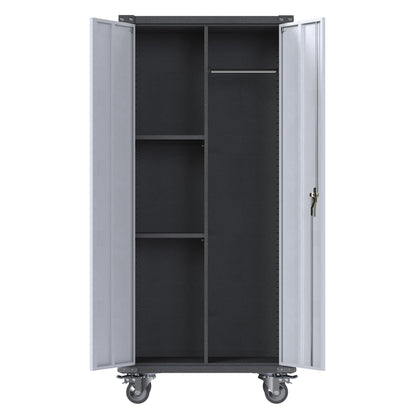 JAORD Metal Garage Storage Cabinet with Hanging Rod, Broom Closet Storage Cabinet, 71" Tall Rolling Tool Storage Cabinet with Locking Doors and Shelves