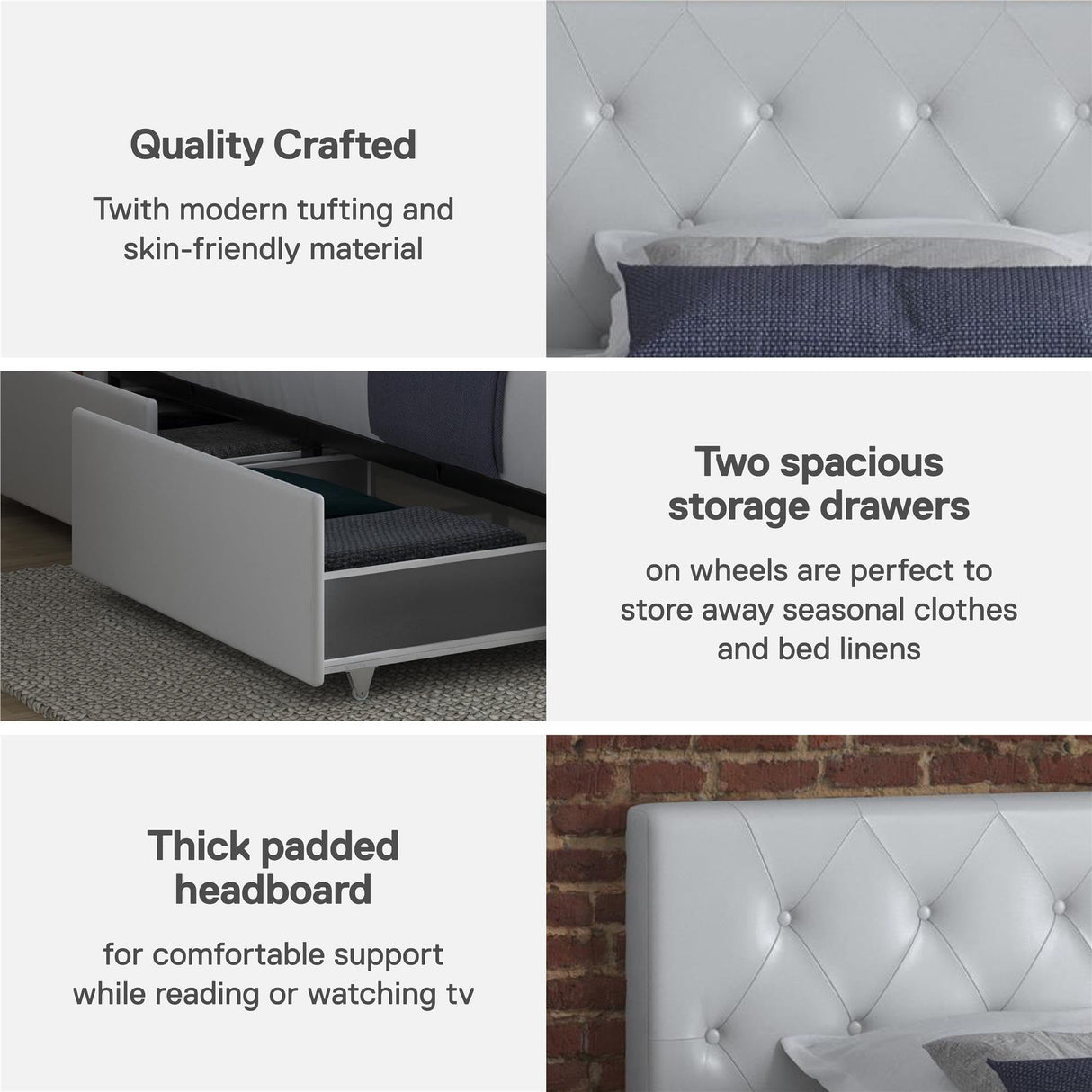 DHP Dakota Upholstered Platform Bed with Underbed Storage Drawers and Diamond Button Tufted Headboard and Footboard, No Box Spring Needed, Twin, White Faux Leather DHP