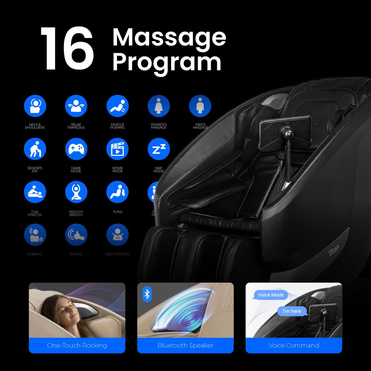 Titan Axiom LE l Dual Massage Mechanism l Full Body Massage Chair l Intelligent Voice Control l 45°C Heating Therapy l Zero Gravity Reclining l Space Saving l Bluetooth Speakers (Black) Titan