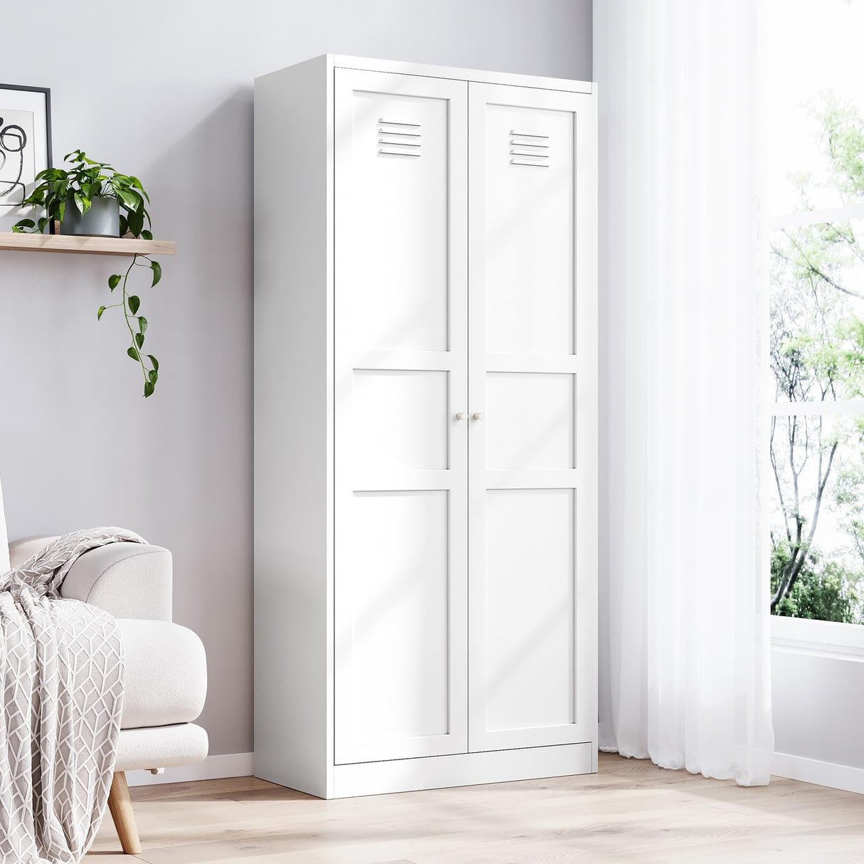 Yizosh Metal Storage Cabinet with 2 Doors and 5 Adjustable Shelves - 71" White Kitchen Pantry Storage Cabinet, 5-Tier Tall Steel Cabinet Locker for Kitchen, Living Room, Dining Room Yizosh