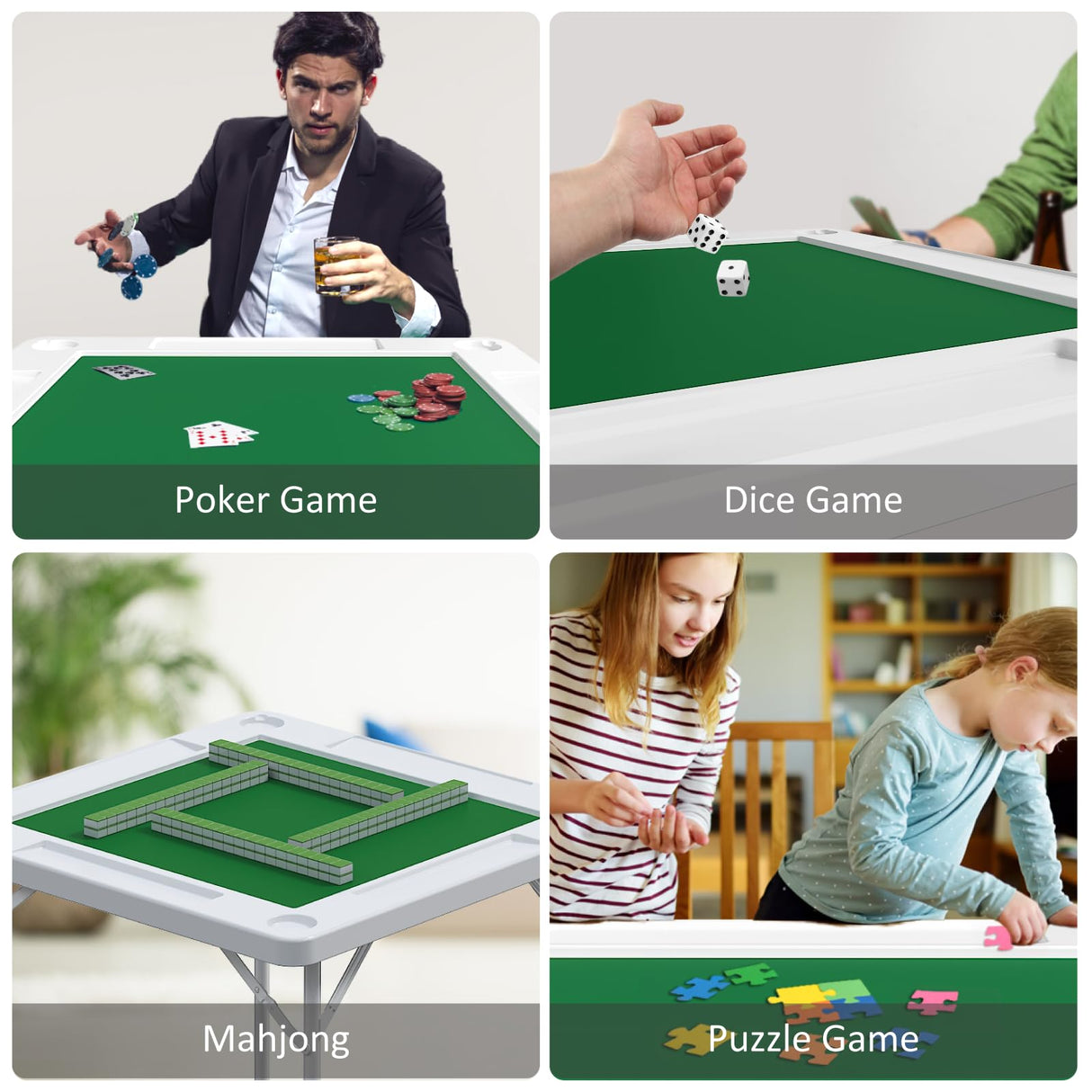 IWDOO 35.4" Square Folding Card Table, Mahjong Table with Green Felt，Chip Trays and Cup Holders, Portable Domino Tables for 4 Players, Card Game Tables for Mahjong Poker Domino Game IWDOO