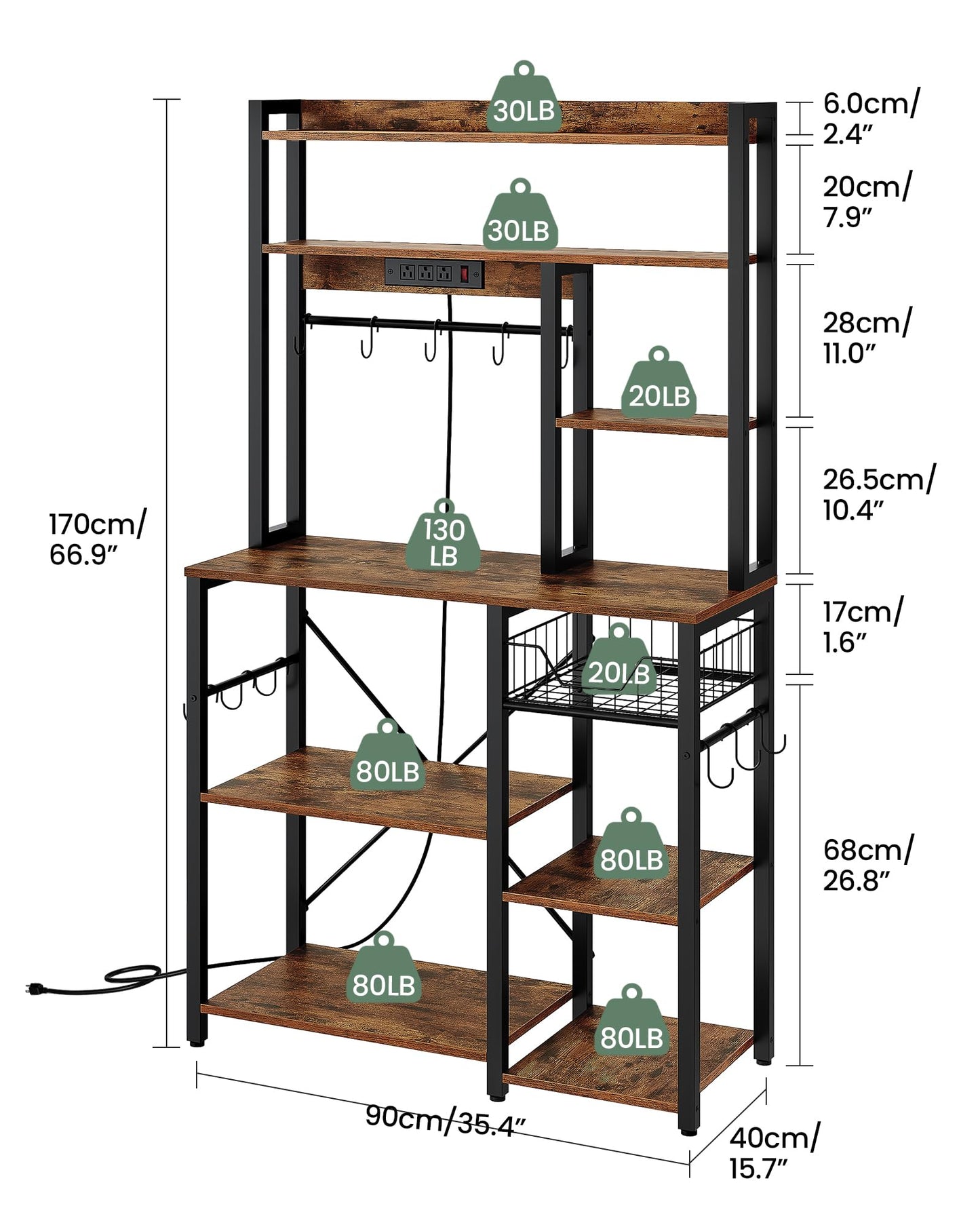 Kitchen Bakers Rack with Power Outlet, Microwave Stand with Multiple Shelves, Floor Standing Bakers Rack, Coffee Bar with Mesh Basket, for Kitchen, Dining Room, Rustic Brown and Black THB01UBF