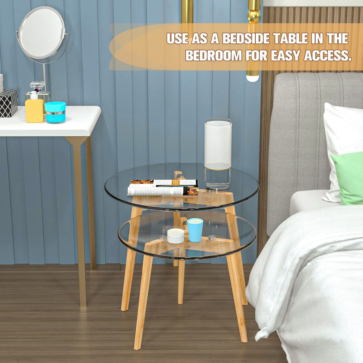 Bambloom Glass Coffee Table, Round Clear Nesting Tables Set of 2, Transparent Modern Accent Living Room Side Table End for Home Office Apartment Sofa, Easy Assembly Bambloom