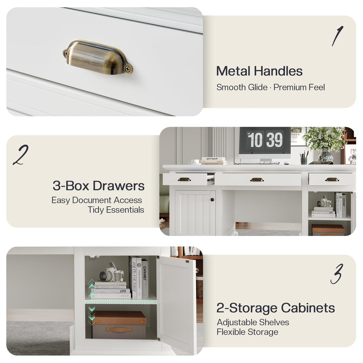 Jocisland 68" Executive Desk for Home Office & Study, Fluted Panel Computer Table with 3 Drawers and 2 Cabinets, Farmhouse Writing Desk – Pure White Jocisland