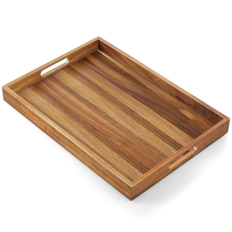 17 Inch Acacia Wood Serving Tray with Handles - Large Wooden Tray for Ottoman, Breakfast in Bed, Dinner, Coffee Table - Decorative Rectangular Tray for Living Room Bedroom Entryway and Kitchen Dreamkey