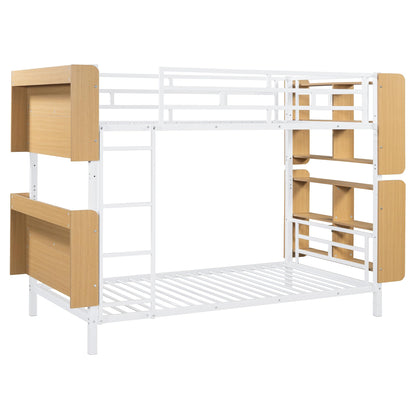 Harper & Bright Designs Twin Over Twin Bunk Bed with Storage, Metal Bunk Bed Frame with Bookshelves and Full-Length Guardrail, for Kids Teens Adults - White