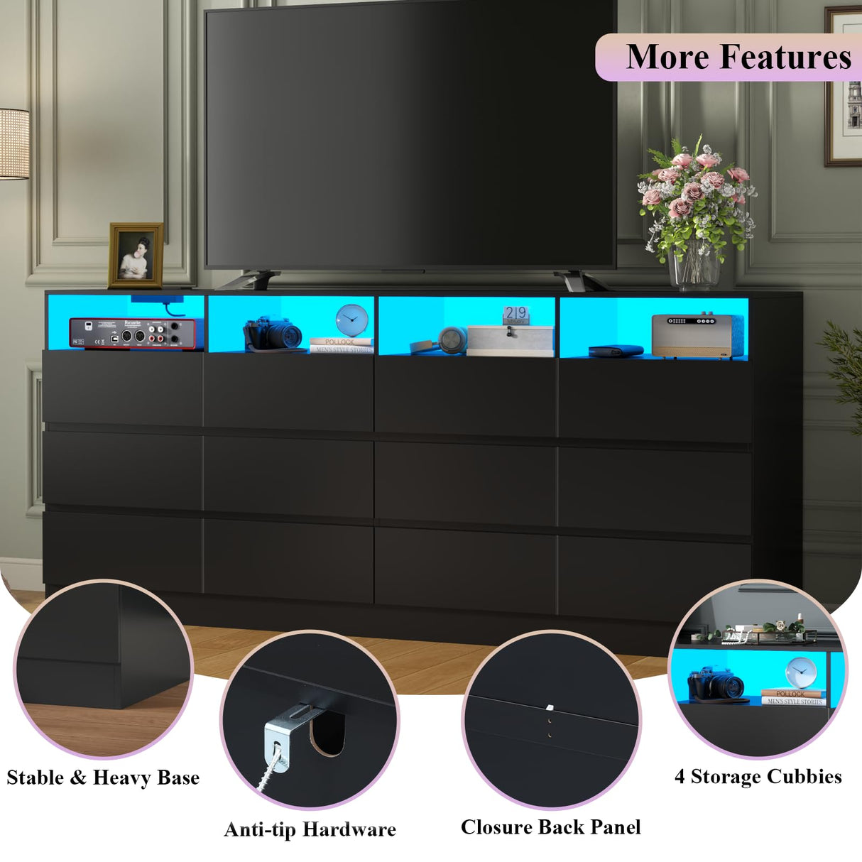 Loomie 12 Drawer Black Dresser with Charging Station & Led Lights for Bedroom, Long 63" Quadruple Wide Dresser TV Stand for TVs up to 75", Large Dressers Organizer with 4 Open Cubbies for Living Room Loomie