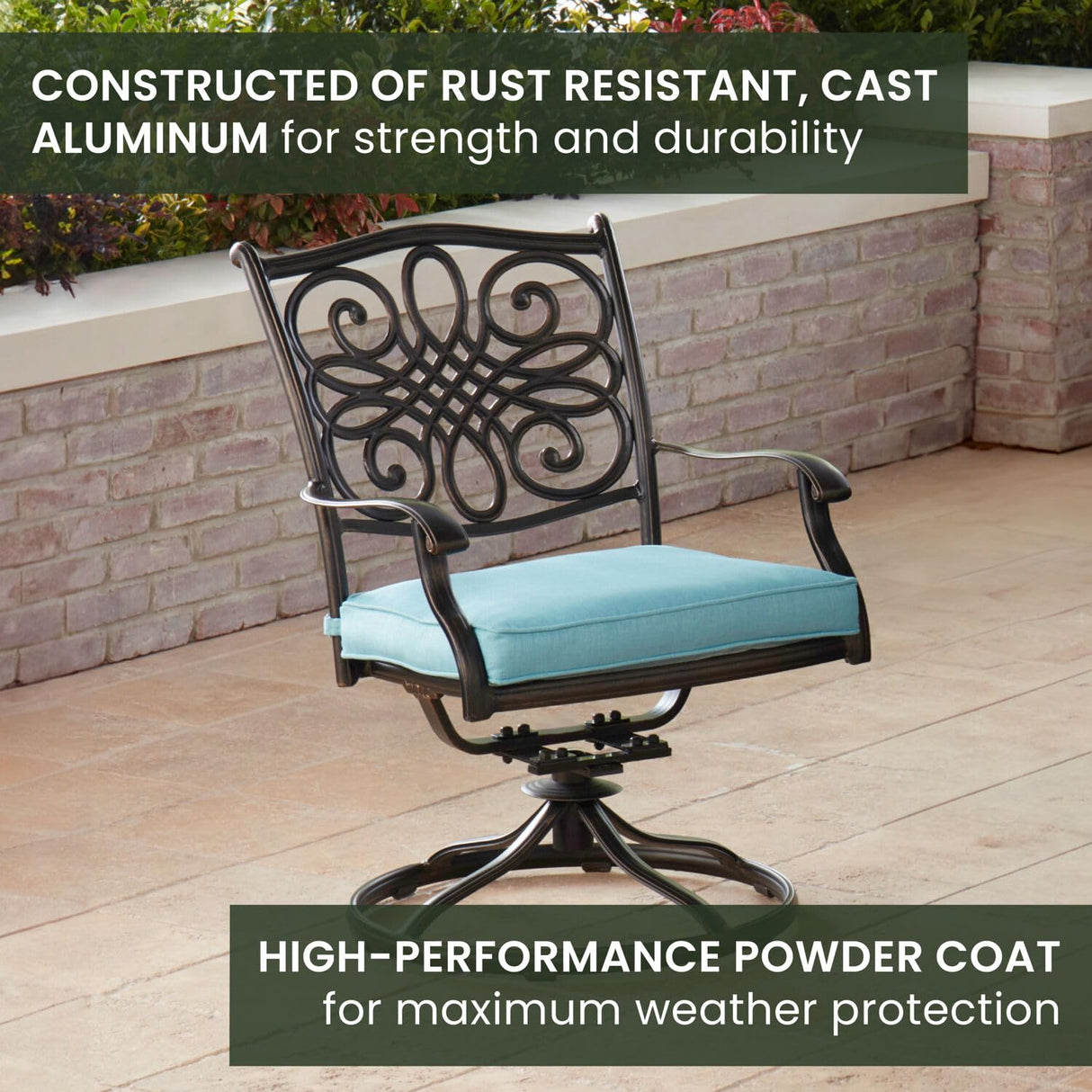 Hanover Traditions 7-Piece Patio Dining Set with 60" Round Cast-Top Table and Swivel Rockers with Blue Cushions, Patio Dining Set for 6, Premium Weather Resistant Outdoor Dining Set Hanover