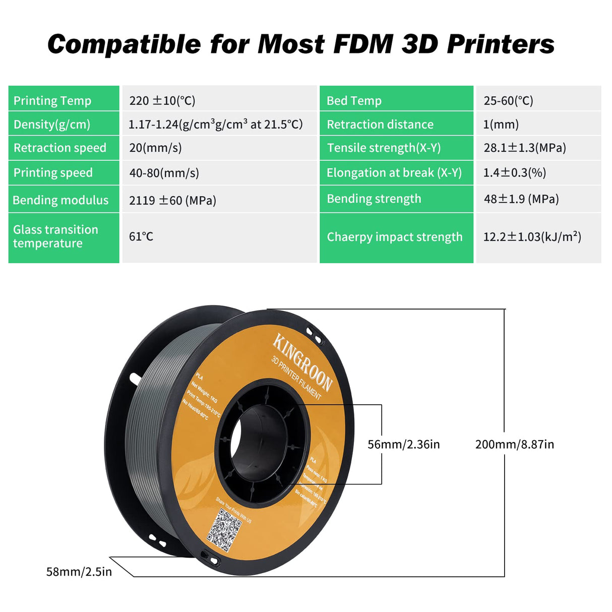 Kingroon PLA 3D Printer Filament, Dimensional Accuracy +/- 0.02 mm, 1 kg Spool(2.2lbs), 1.75 mm，Grey POJECITY