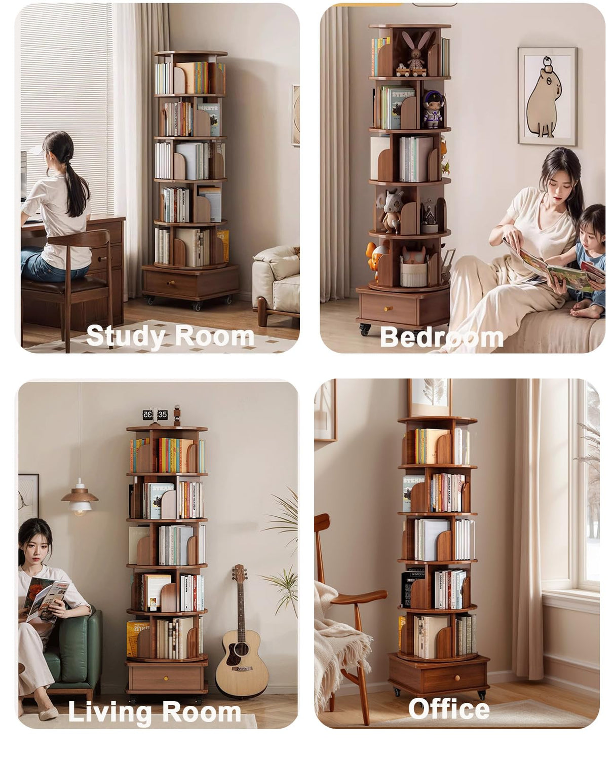 Rotating Bookshelf with Drawers On Wheel, 360° Display Spinning Corner Book Shelf Tower, 6 Tier Tall Narrow Bookshelves, Small Revolving Bookcase (Walnut, 6 Tier+Drawer) Breevia