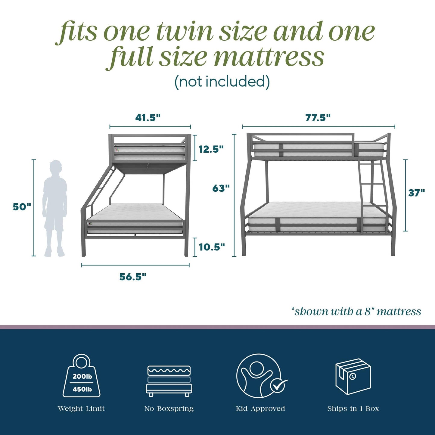 Novogratz Maxwell Metal Bunk Bed Frame for Kids and Teens, with Angled Ladder, High Guardrail and Metal Slats, No Boxspring Required, Underbed Storage Space, Twin-Over-Full, Gray