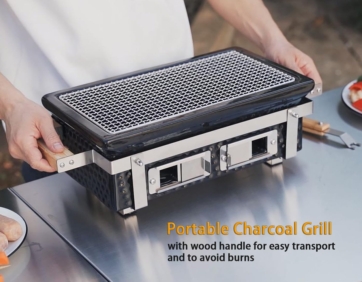 Onlyfire Charcoal BBQ Grill Hibachi Grill with Grid Lifter, Portable Yakitori Grill with Stainless Steel Grill Grate, BBQ Grill for Outdoor Camping Picnic Patio Backyard Cooking, 16 x 9 In Black ONLYFIRE GRILLS