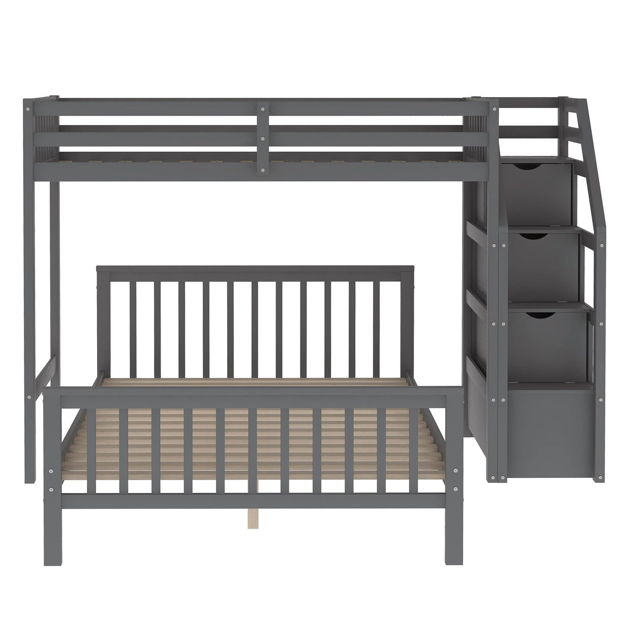 Twin over Full Bunk Bed with Staircase, L-Shaped Loft Bed Frame with Full-Length Guardrail and Storage Stairway, Multi-Function Convertible Loft Beds and Platform Bed, No Box Spring Needed, Grey Janusline