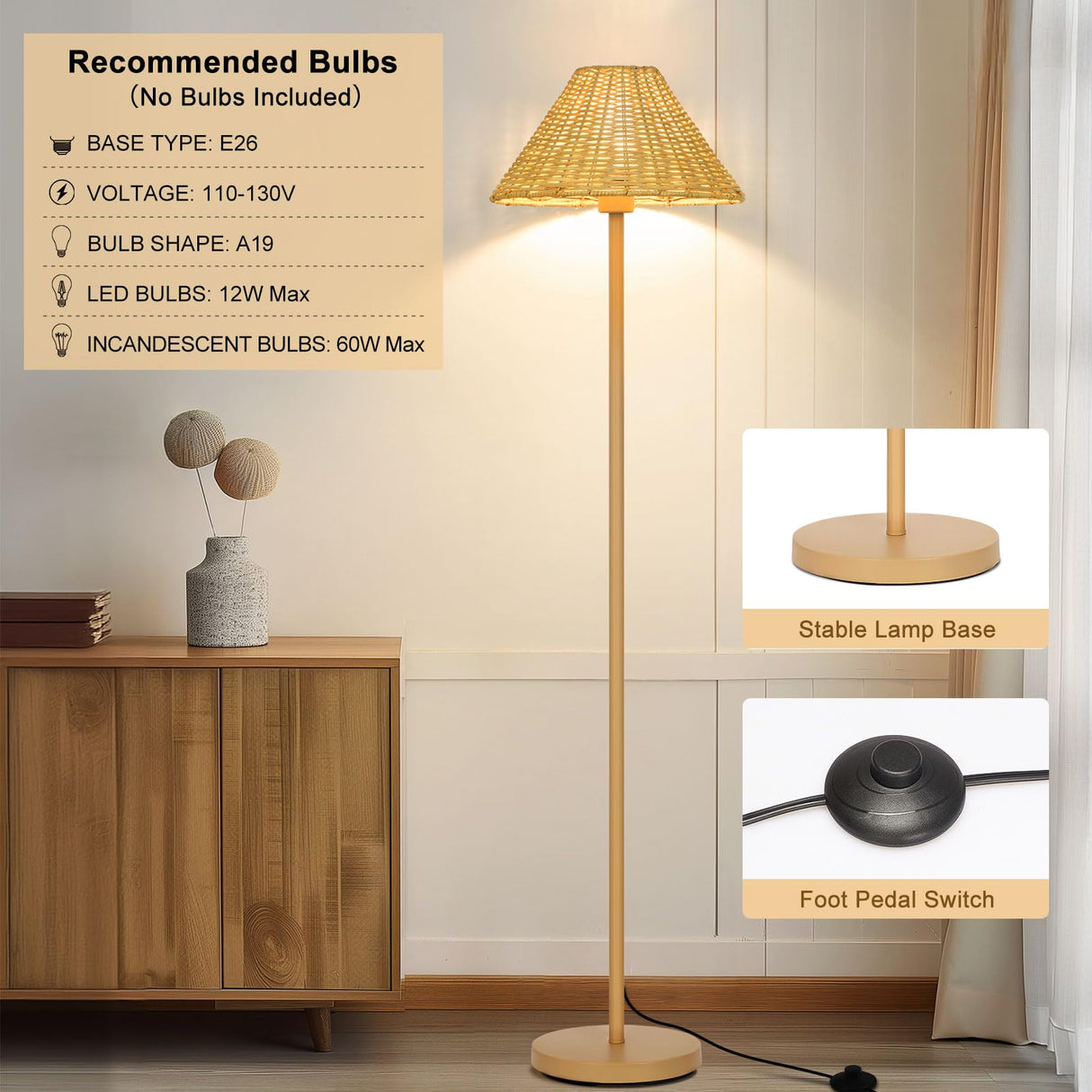 Boho Floor Lamps for Living Room, Rattan Floor Lamp with Woven Wicker Lampshade, 62 inches Mid Century Modern Standing Light, Farmhouse Rustic Coastal Lamp for Bedroom Office Corner, Easy Foot Switch Boncoo