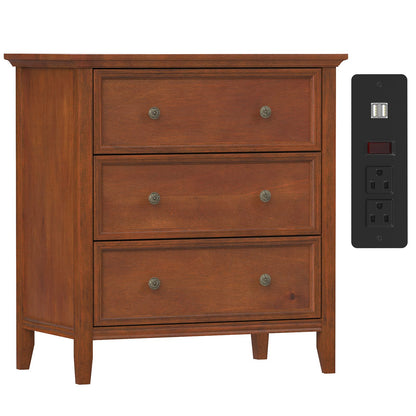 IKENO Nightstand with 3 Drawers and Charging Station, Solid Wood Nightstand Organizer for Bedroom - WoodArtSupply