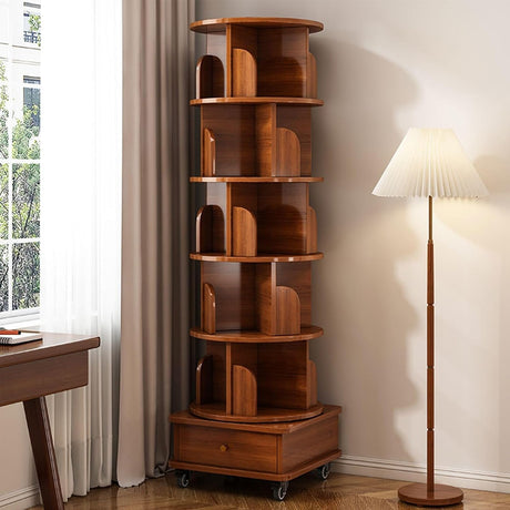 6 Tier Rotating Bookshelf Tower - Round Bookcase Rotating with 360° Rotating Design and Free Assembly Mode, Standing Bookshelf Tower with Drawer and Wheels, Revolving Bookcase for Study Room, Walnut TXFTRR