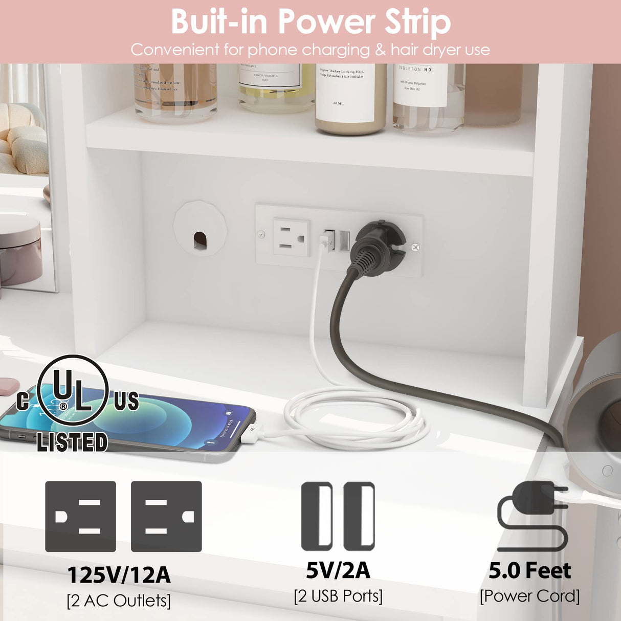 Vabches Makeup Vanity with Lights, 37inch Vanity Desk with Power Strip, 4 Drawers Makeup Table with Lighted Mirror, 3 Lighting Colors, White Vabches