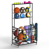 Luplom Sports Equipment Organizer Garage Ball Storage Rack for Sports Gear and Toys, Basketball Holder Stand with Basket and Hooks Rolling Ball Carts with Wheels for Indoor/Outdoor Use, Black Luplom