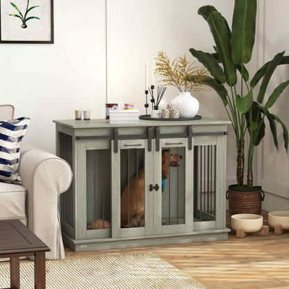 PawHut Dog Crate Furniture with Divider, Dog Crate End Table for Small to Large Dogs, Large Indoor Dog Kennel with Double Doors, 47" W x 23.5" D x 35" H, Gray