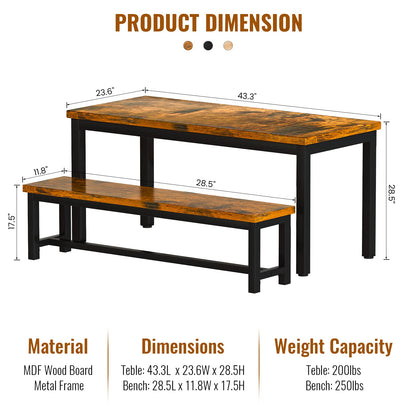 AWQM Dining Room Table Set, Kitchen Set with 2 Benches, Ideal for Home, and Room, Breakfast of 43.3x23.6x28.5 inches, Benches 38.5x11.8x17.5 Industrial Brown