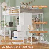 VIAGDO Loft Bed Twin Size with Hall Tree, Charging Station and LED Lights, Twin Loft Bed with L-Shaped Desk, 5 Storage Drawers, Heavy Duty Twin Size Bed with Stairs, No Box Spring Needed, White VIAGDO