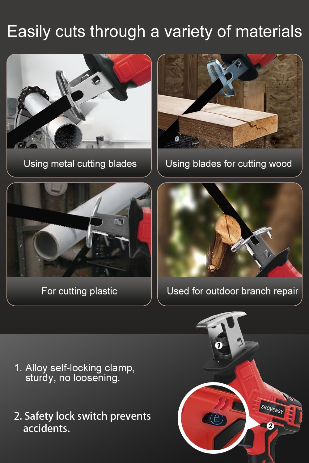 Cordless Reciprocating Saw for Home & Outdoor Use, 2×2.0Ah Batteries, Variable Speed, Red Compact Saw Kit with Blades for Wood/Metal/PVC Cutting – Ideal for DIYers & Gardeners in All Seasons SKOVENSY