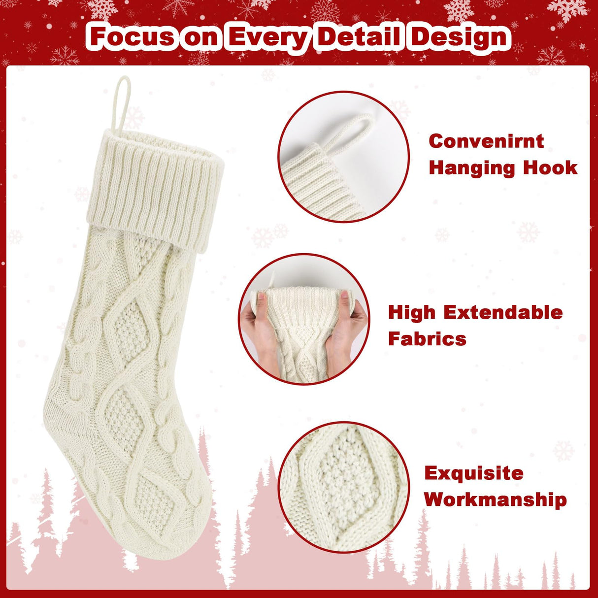 chamvis Christmas Stockings Cable Knitted Xmas Stockings, 4 Pack 18 Inches Fireplace Hanging White Christmas Stockings for Family Xmas Holiday, Christmas Tree, Fireplace Decorations chamvis