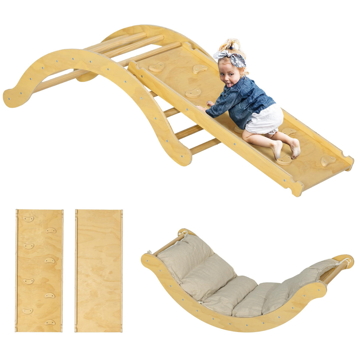 Qaba Toddler Climbing Toys, Indoor 4 in 1 Pikler Climbing Set with Arch Climber, Ramp & Cushion, Wooden Montessori Climbing Set, Baby Play Gym for Indoor Playground, Wood Qaba