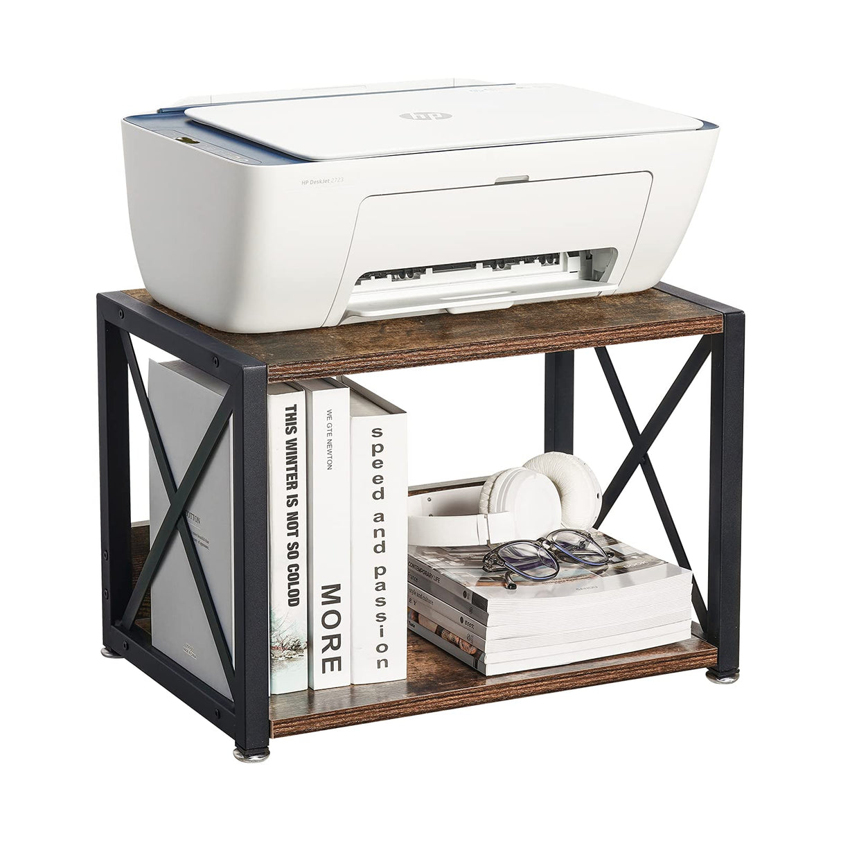 Giikin Desktop Printer Stand with 2 Tier Wood Storage Shelves, Multi-Purpose Desk Organizer for Fax Machine, Scanner, Files, Books, Rustic Brown Printer Shelf with Adjustable Anti-Skid Feet (Brown) Giikin