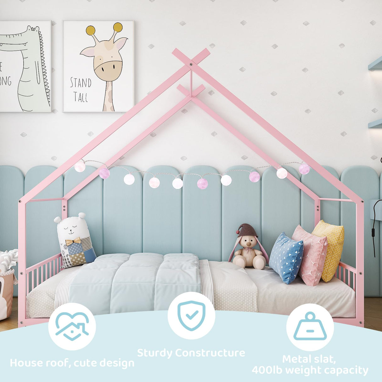 Karl home Twin Size Toddler Floor Bed, Metal Montessori Bed with Slats & Fence, Roof/House/Canopy Bed Frame for Girls, Boys, No Box Spring Needed, Pink Karl home