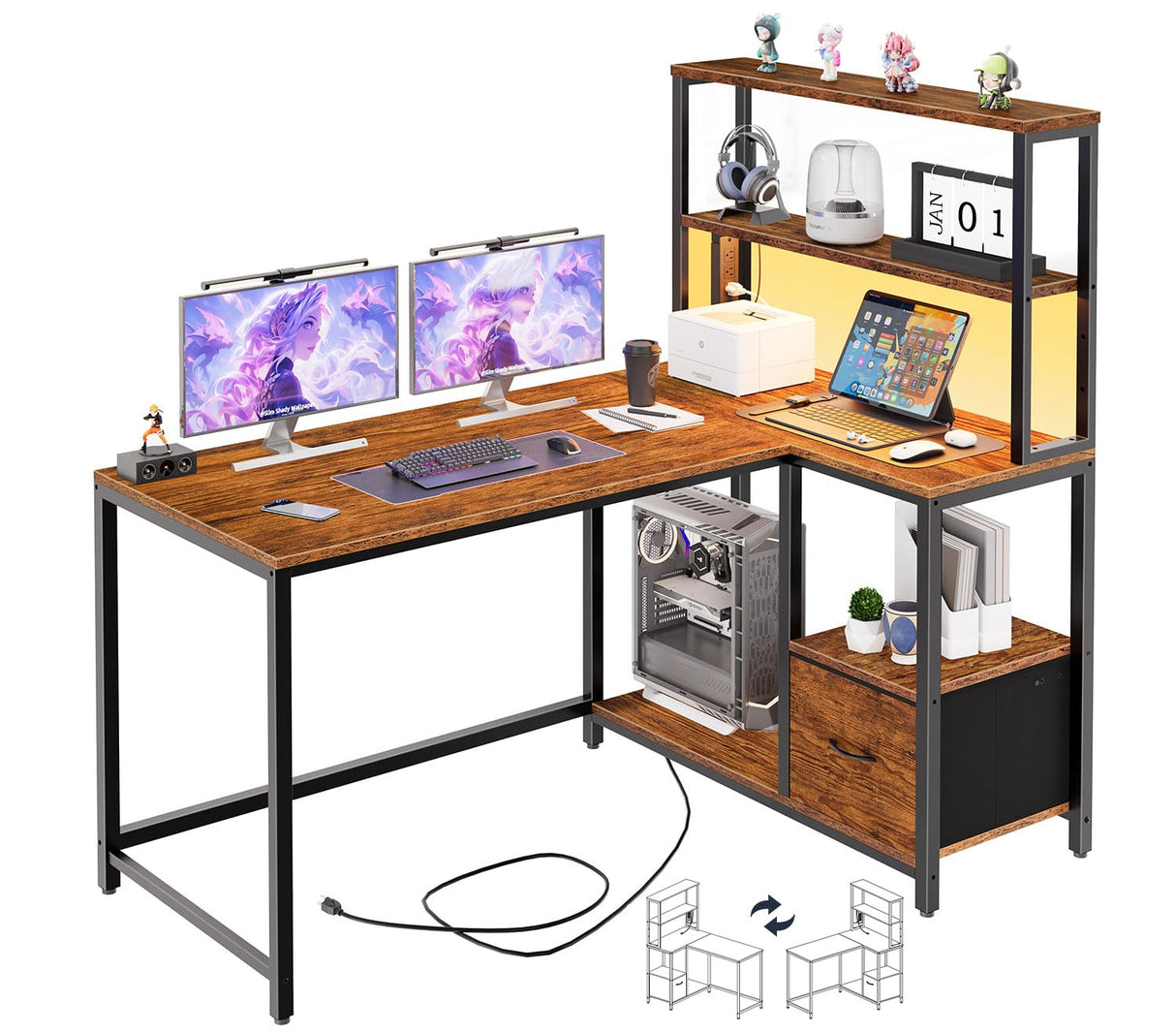 HOOBRO L Shaped Gaming Desk, Reversible Computer Desk with LED Light & Power Outlet, Corner Desk with Storage Shelves & Drawer, for Home Office, Study, Rustic Brown and Black BF18UDDN01 HOOBRO