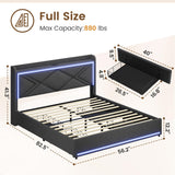 Full Bed Frame with RGB LED Lights Headboard & USB-C/A Charging Station, Modern Upholstered Platform Bed with Storage Drawers, Heavy Duty Steel Slats, No Box Spring Needed, Dark Gray BTHFST