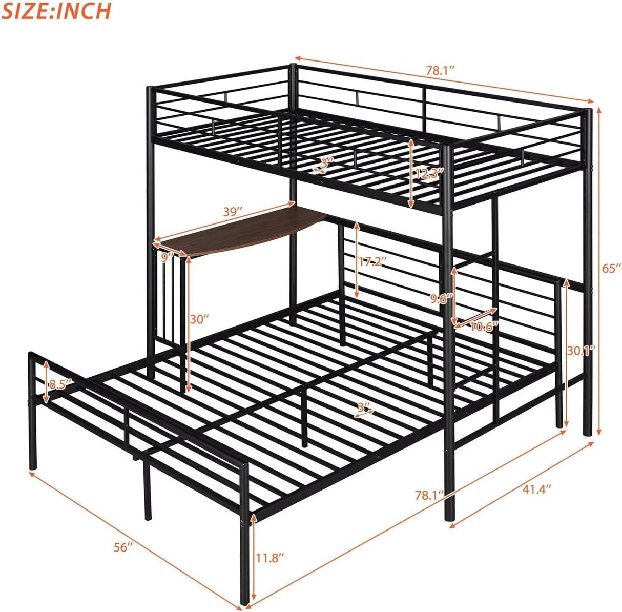 Twin Over Full Bunk Bed, Metal L-Shaped Bunk Bed Frame with Desk, Guardrail and Ladder, Space Saving Bed for Boys Girls, Convertible Into Twin Loft Bed & Full Platform Bed, Noise Free, Black TRIPLE TREE